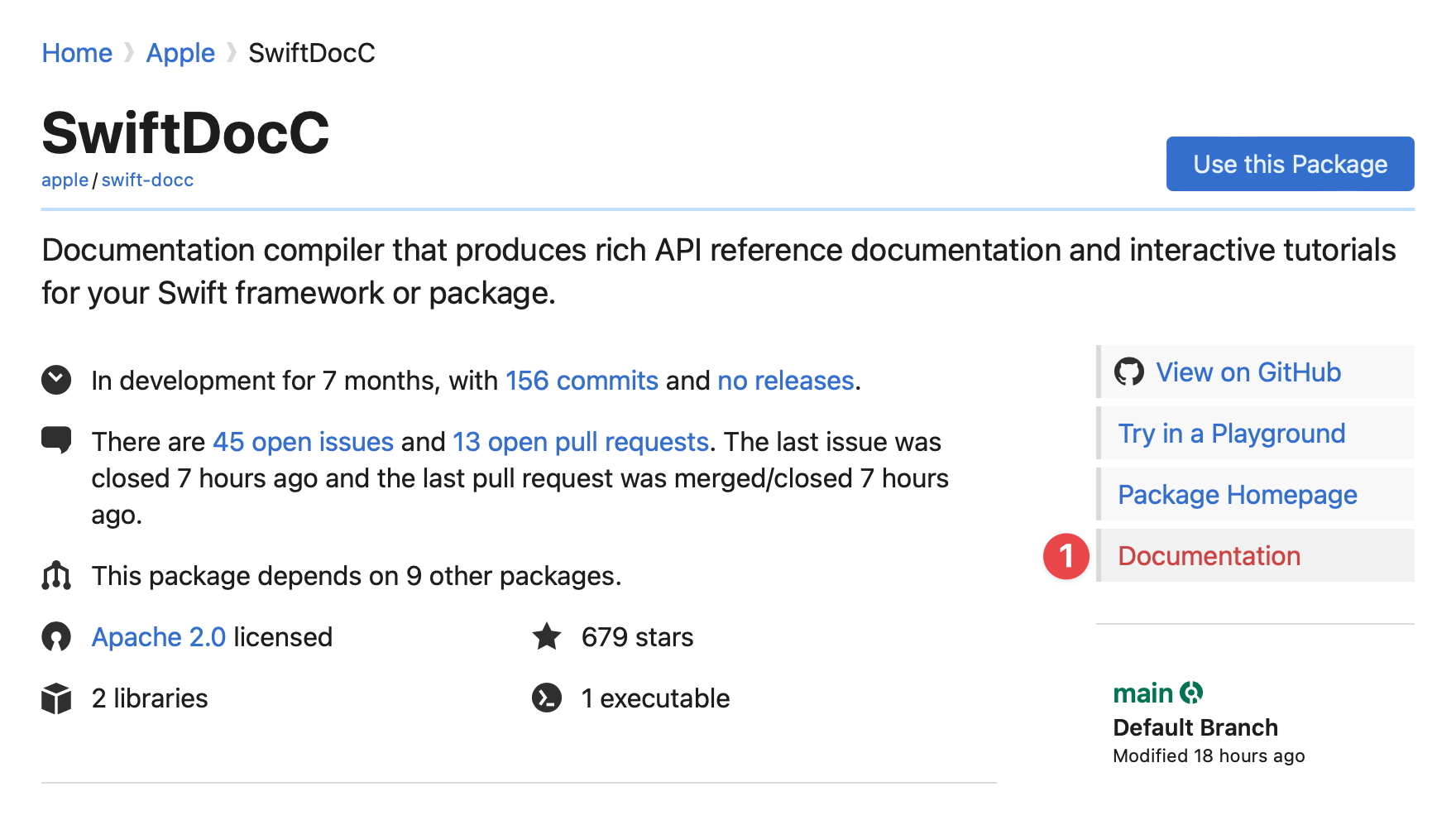 The DocC package page showing a link to the auto-generated and hosted documentation.