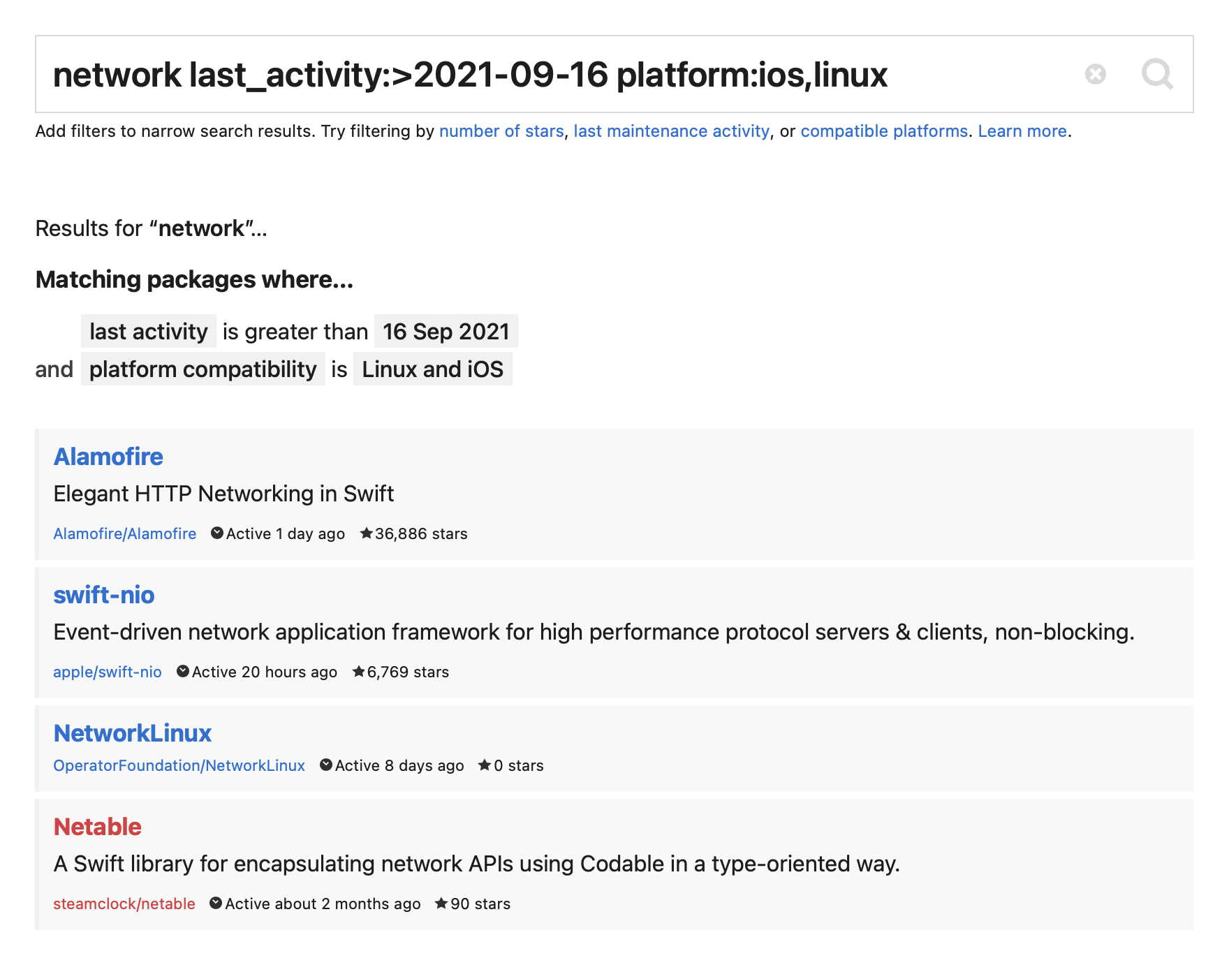 Search results that have filters applied to narrow down the results based on last maintenance activity and platform compatibility.